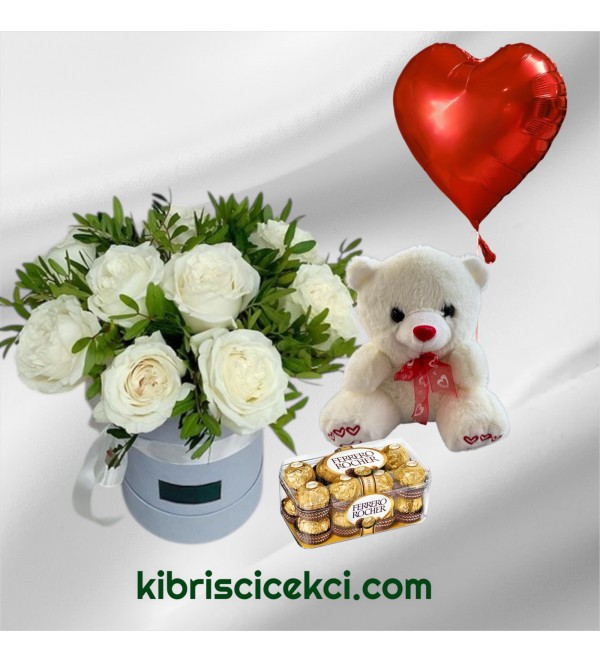Kutuda 9 Beyaz Gül Ayıcık 16'lı Ferrero Çikolata Kalp Helyum Balon